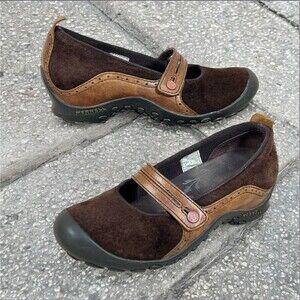 Merrell Plaza Bandeau Shoe Womens 6 Espresso Brown Suede Mary Jane Slip On Wedge